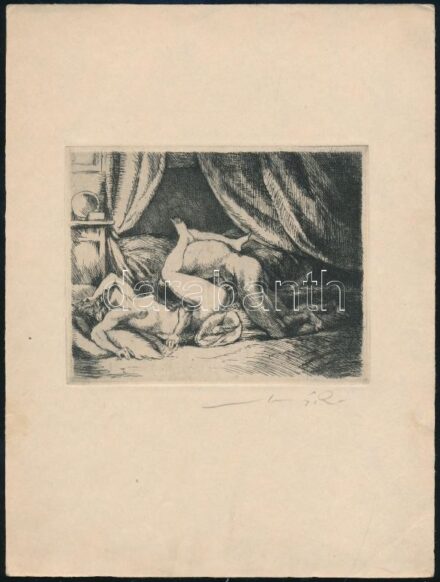 Mihályi (Müller) Rezső (1889-1972): Pornográf grafika. Rézkarc, papír, jelzett. 10x13 cm