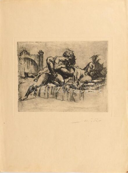 Mihályi (Müller) Rezső (1889-1972): Pornográf grafika. Rézkarc, papír, jelzett. 10x13 cm