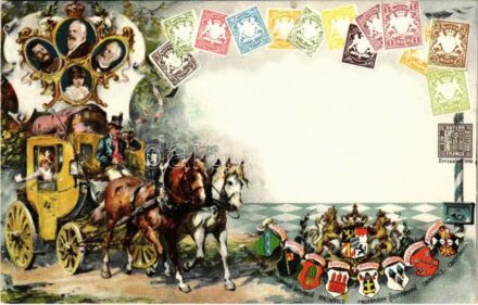 1821-1911 In Treue fest. Heil dem Regenten zum 90. Geburtstage. Luitpold von Bayern / 90th Birthday of Luitpold, Prince Regent of Bavaria, German stamps, coats of arms. Ottmar Zieher