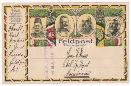 1916 Első világháborús tábori posta a Központi Hatalmak uralkodóival: V. Mehmed, II. Vilmos, Ferenc József, I. Ferdinánd. Hátoldalon ragasztott fotó / WWI Austro-Hungarian K.u.K. military art postcard, Central Powers propaganda: Mehmed