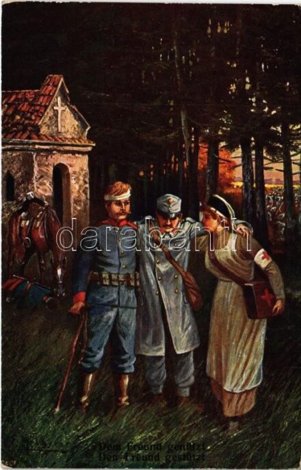 Dem Freund genützt, den Freund gestützt / WWI Austro-Hungarian K.u.K. military art postcard, injured soldiers with Red Cross nurse s: F. Höllerer