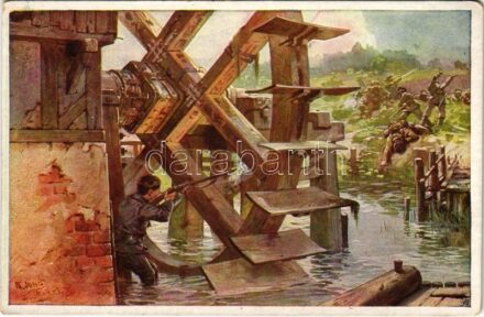 Hinter einem Mühlrad bis zu den Knien im Wasser stehend, schießt Zugsführer Vinzenz Pateder vom Infanterieregiment Nr. 84. mit großer Ruhe und Sicherheit auf eine feindliche Abteilung. Aus dem goldenen Buche der Armee Serie IV. Offizielle Karte