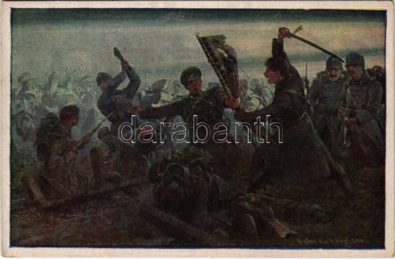 Oberleutnant Zsigmund Csepy des Honvéd-Infanterieregimentes Nr. 16. rettet bei einem nächtlichen Angriff die Fahne, als sie dem schwer verwundeten Fahnenträger entrissen worden war. Aus dem goldenen Buche der Armee Serie IV. Offizielle Karte