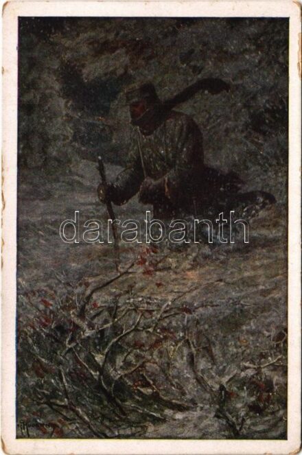 Kanonier Johann Grema des Feldkanonenregimentes Nr. 21. watet sieben Stunden im knieftiefen Schne über das Gebirge, um ein vergrabenes Kanonenverschlußstück zurückzubringen. Aus dem goldenen Buche der Armee Serie IV. Offizielle Karte für Rotes