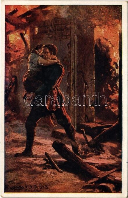Infanterist Georg Caspar des 5. Infanterie-Regiments verläßt, die letzte der von ihm geretteten fünf Frauen in den Armen, das brennende Haus, das zusammenzustürzen beginnt. Aus dem goldenen Buche der Armee Serie V. Offizielle Karte üfr Rotes