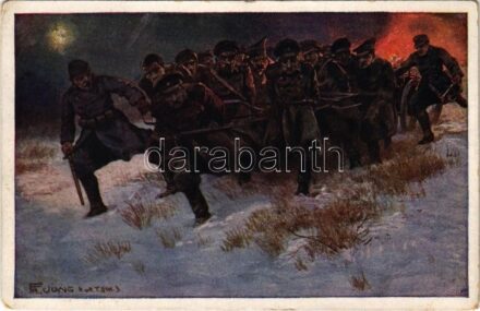 Gefreiter, Titular-Korpolar Eduard Lux, von der 9. Kompagnie des schlesischen Infanterie-Regimentes Nr. 1., treibt mit zwei Kameraden dreizehn gefangene Russen zum eigenen Brigadekommando, nachdem er seine Gefangenen mit Riemenzeug an die Lafetten