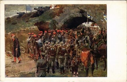 Offizielle Karte für Rotes Kreuz, Kriegsfürsorgeamt, Kriegshilfsbüro Nr. 211. / WWI Austro-Hungarian K.u.K. military art postcard, German soldiers with POWs (prisoners of war) s: A. Marussig (EK)