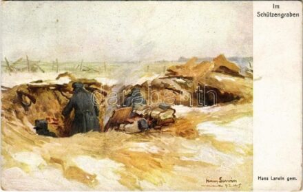 Im Schützengraben. Offizielle Karte für Rotes Kreuz, Kriegsfürsorgeamt, Kriegshilfsbüro Nr. 399. / WWI Austro-Hungarian K.u.K. military art postcard, soldiers in the trenches s: Hans Larwin (EK)