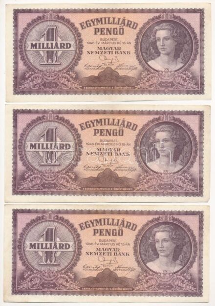 1946. 1.000.000.000P (3db, sorszámkövető: 'R 169 058899 - R 169 058901') T:II,II- Adamo P28