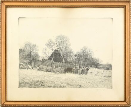 Dudás Jenő (1900-1991): Tél. Rézkarc, papír, jelzett. Lap széle kissé foltos. Üvegezett fakeretben, 29×39 cm