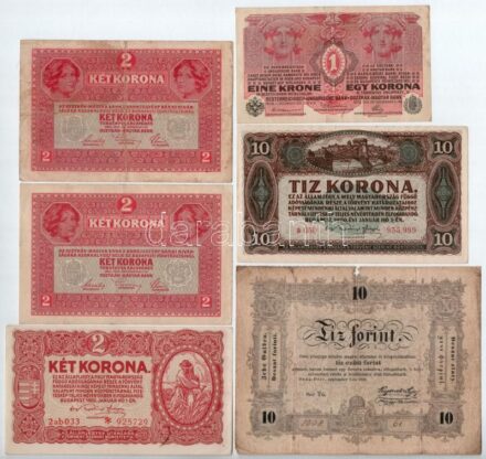 1848. 10Ft 'Tű 1008 6i' + 1916. 1K + 1917. 2K (2db) + 1920. 2K (csillagos sorszám) + 1920. 10K T:II-III-