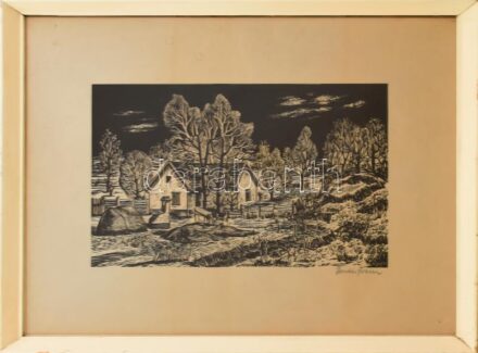 Bordás Ferenc (1911-1982): Házak. Fametszet, papír, jelzett, lapon kisebb törésnyomokkal, üvegezett fakeretben, 24×38,5 cm