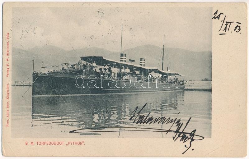 1903 SM Tb 13 (ex Python) osztrák-magyar haditengerészet Cobra-osztályú torpedónaszád / K.u.K. Kriegsmarine SM Torpedoboot Python (Phyton) / Austro-Hungarian Navy SM Tb 13 (ex Python) Cobra-class torpedo boat. Phot. Alois Beer (EB)