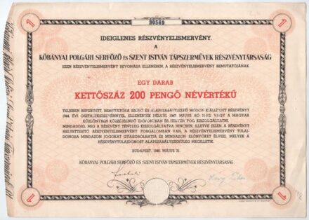 Budapest 1946. 'Kőbányai Polgári Serfőző és Szent István Tápszerművek Részvénytársaság' ideiglenes részvényelismervény 200P-ről, szárazpecséttel T:II hajtatlan, kis szakadás