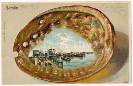 1906 Zimony, Semlin, Zemun; Donau / Dunai kikötő, gőzhajók, uszályok. Verlag Joh. Pulyo. Szecessziós dombornyomott litho művészlap / Danube port, steamships, barges. Art Nouveau Emb. litho (lyuk / pinhole)