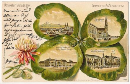 1903 Versec, Vrsac; látkép, Elemi iskolák, Ferenc József tér, Honvéd emlékszobor. Kunstanstalt Rosenblatt. Verlag J. E. Kirchner. Szecessziós lóherés litho művészlap / Volksschulen, Franz-Joseph-Platz, Honvéd-Denkmal / general view,
