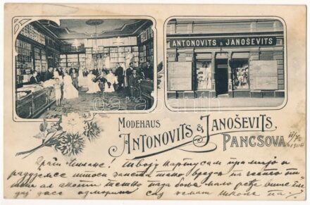 1906 Pancsova, Pancevo; Modehaus Antonovits & Janosevits / Antonovits és Janosevits divatáruháza, üzlet bejárat és belső. Atelier Rembrandt felvétele / fashion store, shop entrance and interior. Art Nouveau (ragasztónyom / glue mark)