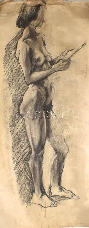 Jelzés nélkül: Női akt. Szén, papír, Szélén gyűrött. 70x29 cm