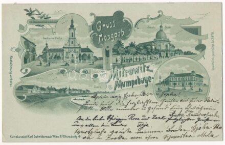 1900 Szávaszentdemeter, Mitrovice, Mitrovitz an der Save, Sremska Mitrovica; Serbische Kirche, Save, Srpski Dom, / Szerb templom, Száva partja, Szerb nemzeti ház / Serbian church, Sava riverside, Serbian National House. Kunstanstalt Karl