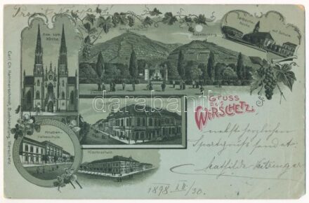 1898 (Vorläufer) Versec, Werschetz, Vrsac; Schlossberg, Kapellenberg, Serbische Schule und Kirche, Knaben-Volksschule, Klosterschule, Hauptplatz / Római katolikus templom, Szerb templom és iskola, Fő tér, Zárdaiskola / schools, main square,