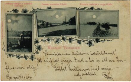 1900 Újverbász, Verbász, Novi Vrbas; látkép a telecskai dombról, Ferenc csatornai kikötő, Ferenc csatorna a nagy híddal. Seidl Nándor kiadása / general view, canal, port, bridge. Art Nouveau, floral (r)
