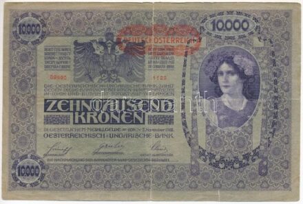 Ausztria 1918. 10.000K vízszintes 'DEUTSCHÖSTERREICH' felülbélyegzéssel T:III tear Austria 1918. 10.000 Kronen, with horizontal 'DEUTSCHÖSTERREICH' overprint T:F tear Krause P# 65