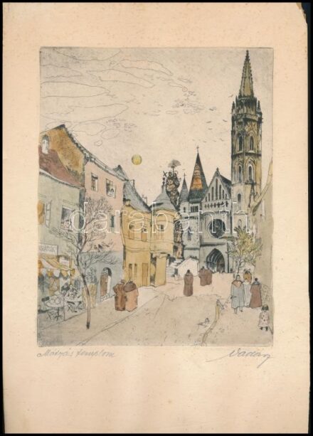 Vadász Endre (1901-1944): Mátyás templom. Színezett rézkarc, papír, jelzett. Kartonra ragasztva (a ragasztás részben elengedett), kissé foltos, kisebb lapszéli sérülésekkel, 20,5x16 cm