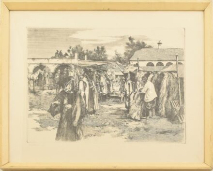 Gy. Molnár István (1933-2010): Hídivásár. Rézkarc, papír, jelzett. Üvegezett fakeretben. 29x39 cm