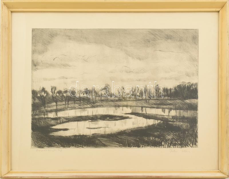 Fehér Ilona (1913-1983): Csongrád környéki táj. Rézkarc, papír, jelzett. Üvegezett fakeretben. 29x39 cm