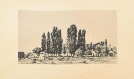 Boldizsár István (1897-1984): Faluvége. Rézkarc, papír, jelzett. Lap széle kissé foltos. 19,5×33,5 cm