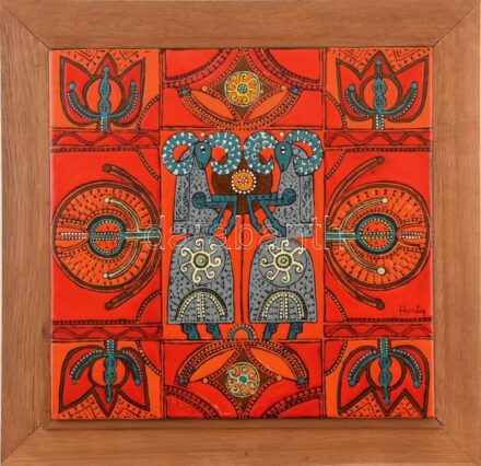 Honty Márta (1940-2004): Nyári napforduló. Tűzzománc, fémlemez. Jelezve jobbra lent. Hátoldalán autográf felirattal. Fakeretben. 32x33 cm