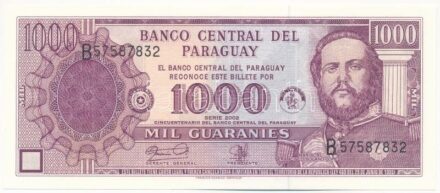 Paraguay 2002. 1000G 'B57587832' 'A Paraguay-i Központi Bank 50. évfordulója' forgalmi emlék kiadás T:I Paraguay 2002. 1000 Guaranies 'B57587832' '50th anniversary of the Banco Central del Paraguay' commemorative bank note C:UNC Krause P#221
