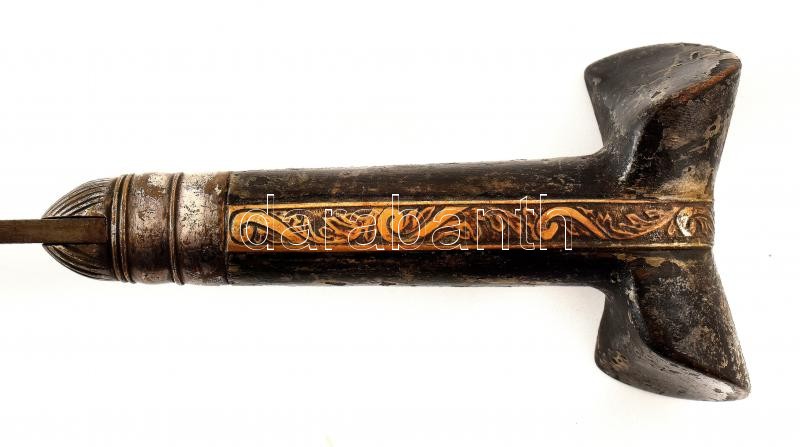 XIX. sz. Balkáni jatagán, réz-fa-fém markolattal, díszes pengével, kopott, jelzés nélkül, kopott, pengehossz: 45,5 cm, teljes hossz: 60 cm - Image 2