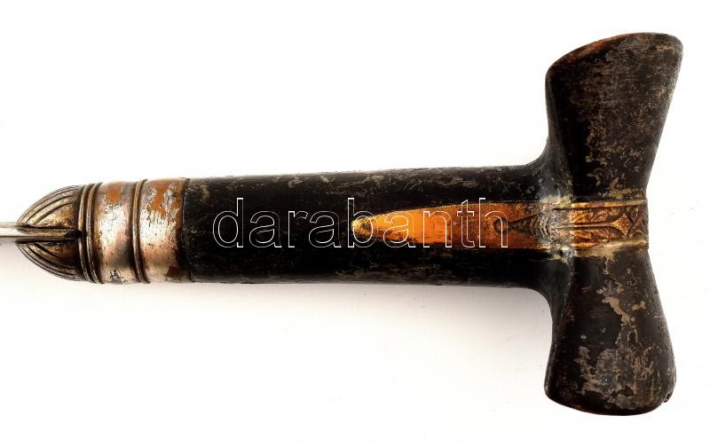 XIX. sz. Balkáni jatagán, réz-fa-fém markolattal, díszes pengével, kopott, jelzés nélkül, kopott, pengehossz: 45,5 cm, teljes hossz: 60 cm - Image 3