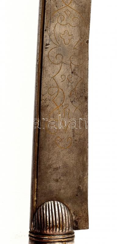 XIX. sz. Balkáni jatagán, réz-fa-fém markolattal, díszes pengével, kopott, jelzés nélkül, kopott, pengehossz: 45,5 cm, teljes hossz: 60 cm - Image 4