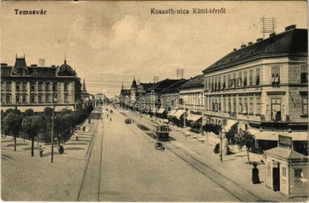Temesvár, Timisoara; Kossuth utca, Küttl tér, villamos, sörcsarnok, Keppich Adolf üzlete. Polatsek kiadása / square, street, tram, beer hall (kis szakadás / small tear)
