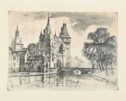 Varga Nándor Lajos (1895-1978): Városligeti Vajdahunyad. Rézkarc, papír, kartonra kasírozva, jelzett, 29×41 cm