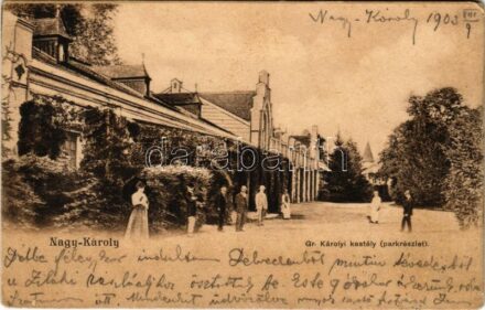 1903 Nagykároly, Carei; Gróf Károlyi kastély, park részlet. Csókás László kiadása / castle, park (EK)