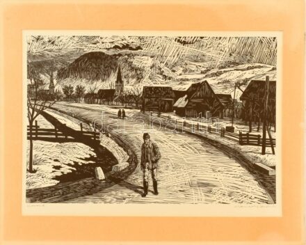 Csanády András (1929-): Korond. Fametszet, papír, jelzett, paszpartuban, 27×40,5 cm