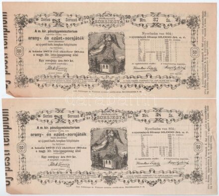 Budapest / Pest 1873. 'Jótékonyczélú Sorsjegy - Az uj-pesti kath. templom felépítésére' 50kr értékű sorsjegy (2x) sorszámkövetők T:I- kis szamárfül és szakadás