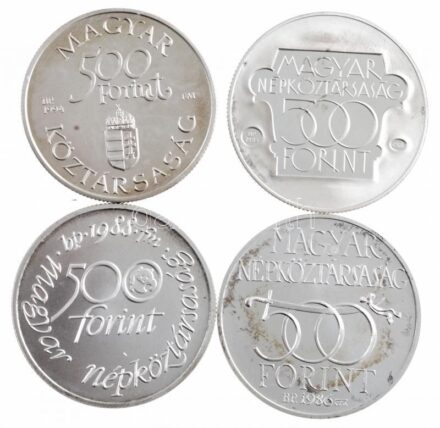 1985. 500Ft Ag 'Kulturális Fórum' + 1986. 500Ft Ag 'Budavár visszavétele 1686' + 1988. 500Ft Ag 'Világ vadvédelmi alap' + 1994. 500Ft Ag 'Régi dunai hajók - Carolina' T:1 (eredetileg PP,BU) patina Adamo EM89, EM97, EM100, EM134