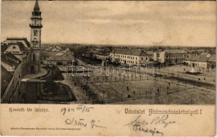 1904 Hódmezővásárhely, Kossuth tér látképe. Grossmann Benedek utóda kiadása + 'SZEGED - NAGYVÁRAD 27' vasúti mozgóposta bélyegző (fl)