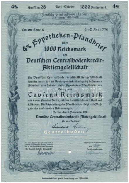 Német Harmadik Birodalom / Berlin 1941. 'Központi Német Hitelrészvénytársaság' 4%-os kölcsönkötvénye 1000M-ról, szárazpecséttel, lyukasztással érvénytelenítve T:I- German Third Reich / Berlin 1941. 'Deutschen Centralbodenkredit