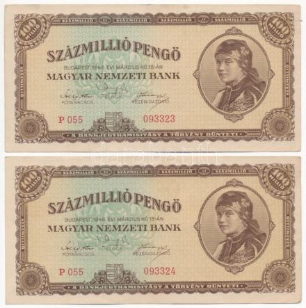 1946. 100.000.000P (2x) sorszámkövetők 'P 055 093323 - 093324' T:III Adamo P27