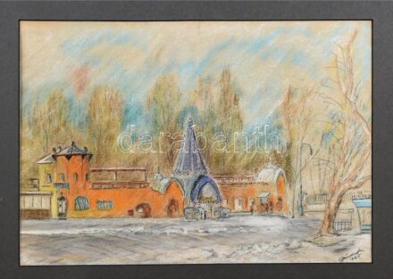 Olvashatatlan jelzéssel: Állatkert bejárata (Bp.), 1965. Pasztell, papír, kissé sérült, paszpartuban, 28×40 cm