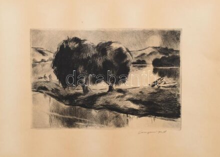 Csergezán Pál (1924-1996): Vízparti táj. Rézkarc, papír, jelzett. 17×25 cm