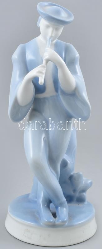 Zsolnay furulyázó juhász. Kézzel festett, jelzett, kisebb ragasztásnyommal, m: 26 cm