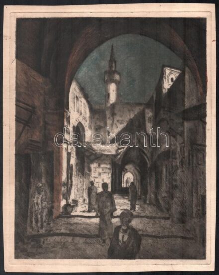 Jelzés nélkül (Szentgyörgyvári Gyenes Lajos, 1890-1971 munkája?): Orientális város. Színezett rézkarc, papír, körbevágva, lap széle kissé foltos, 32,5x26 cm