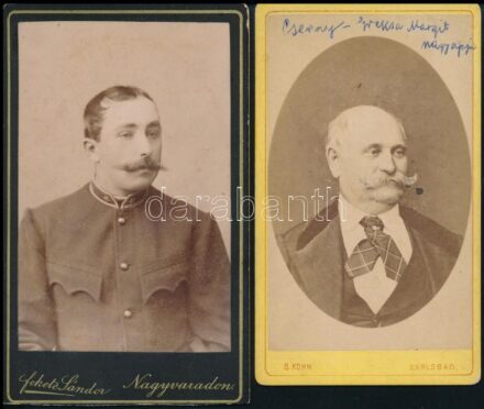 cca 1880-1900 Bajszos urak portréi, 2 db keményhátú műtermi fotó (Fekete Sándor Nagyvárad, S. Kohn Karlsbad), vizitkártya, 10,5x6 cm