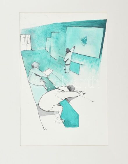 Ligeti Miklós (1982- ): Szorgalmas diákok (cím nélkül). Vegyes technika, papír, jelzett, paszpartuban, 35,5x23,5 cm